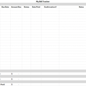 Screenshot of the 'My Bill Tracker' spreadsheet in Excel, showing columns for Bill, Due Date, Amount, and a color-coded Status column.