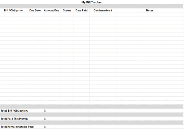 Screenshot of the 'My Bill Tracker' spreadsheet in Excel, showing columns for Bill, Due Date, Amount, and a color-coded Status column.